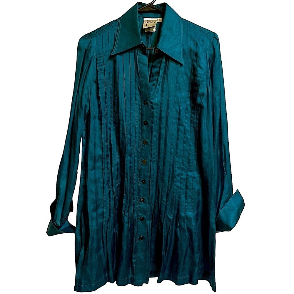 Finley Teal Cotton Silk Tucked Tunic Blouse Dagger Collar Made USA Small